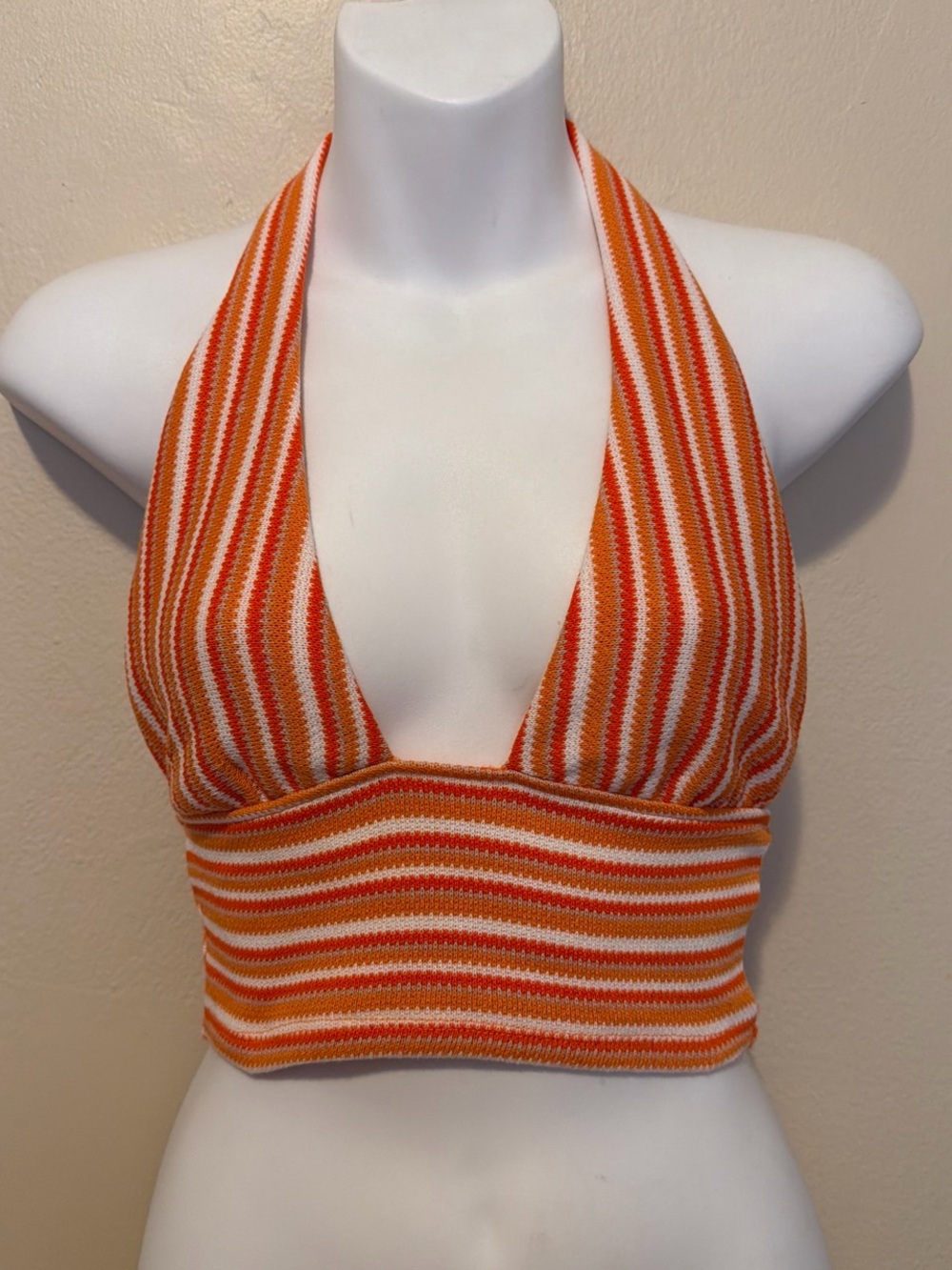 Divided Orange and White Striped Halter Crop Top